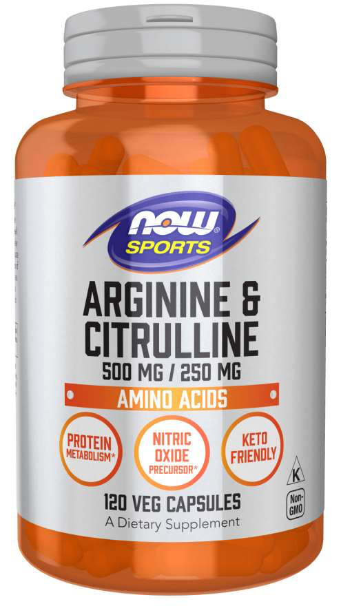A bottle of Now Foods Arginine & Citrulline, with the label indicating 500 mg of each amino acid, 120 veg capsules, and highlighting properties such as protein metabolism and nitric oxide production.