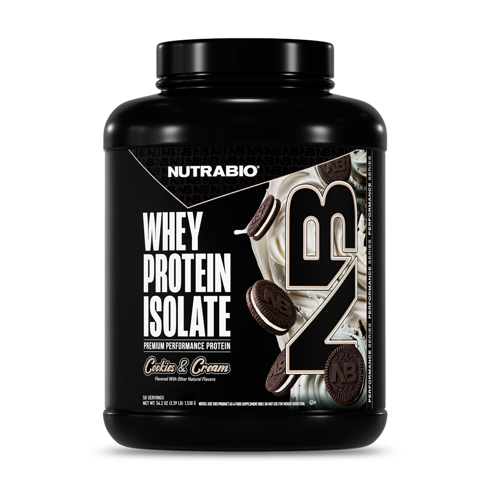 NutraBio Whey Protein Isolate Cookies and Cream 50-serving tub