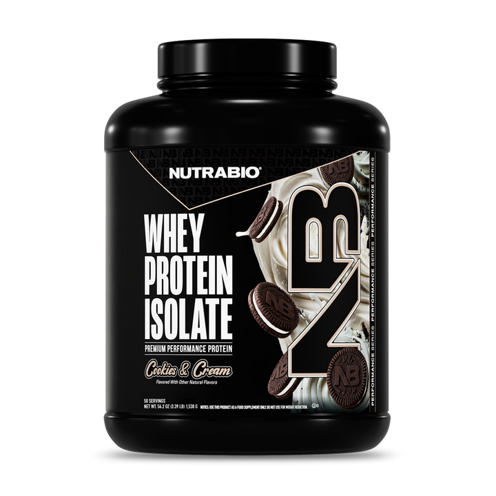 NutraBio Whey Protein Isolate Cookies and Cream 50-serving tub