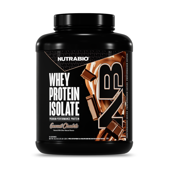 NutraBio Whey Protein Isolate Gourmet Chocolate 50-serving tub