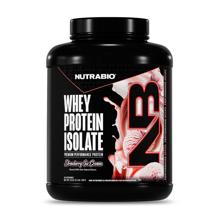 NutraBio Whey Protein Isolate Strawberry Ice Cream 50-serving tub
