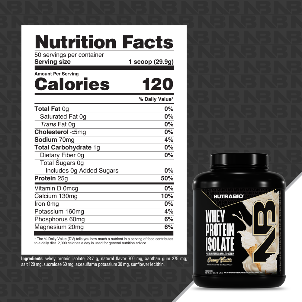 NutraBio Whey Protein Isolate Creamy Vanilla 50-serving Nutrition Facts