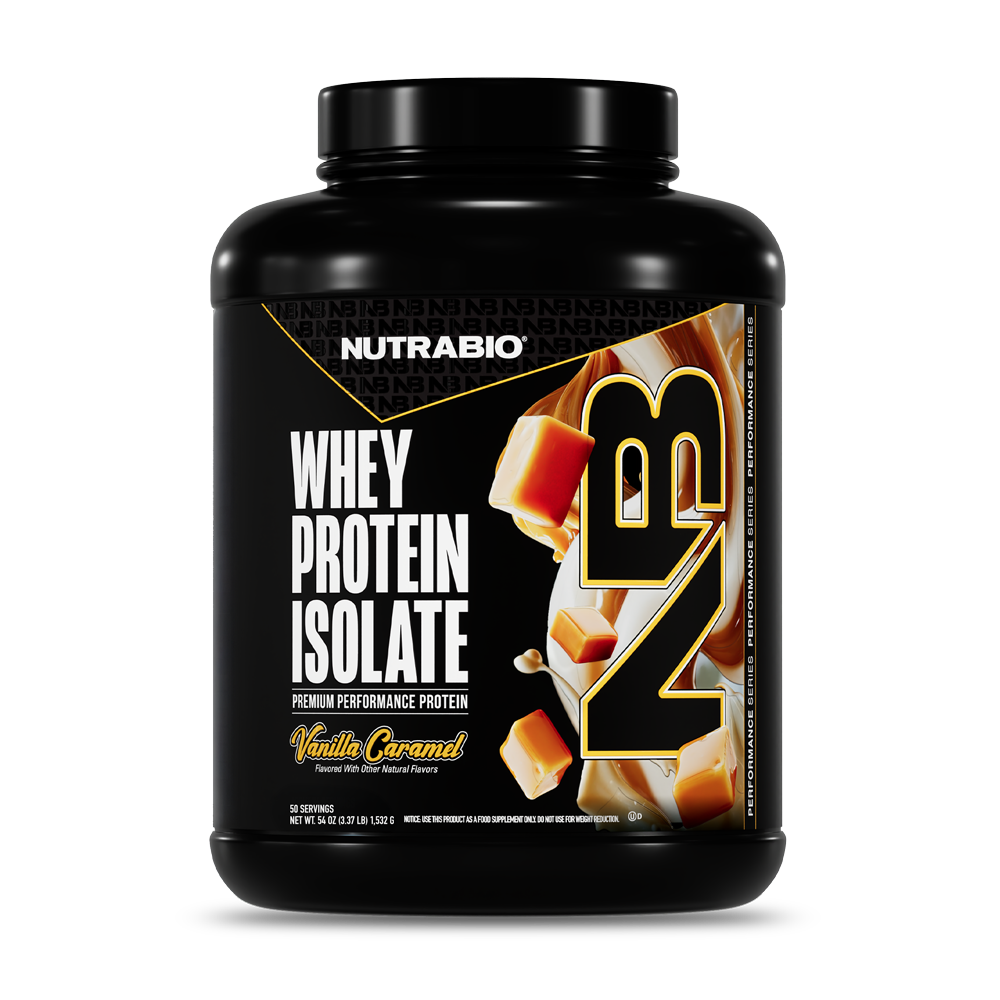 NutraBio Whey Protein Isolate Vanilla Caramel 50-serving tub
