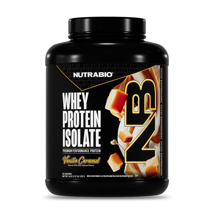 NutraBio Whey Protein Isolate Vanilla Caramel 50-serving tub