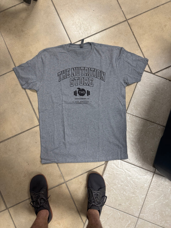 Heather gray collegiate TNS shirt — full shirt flat lay