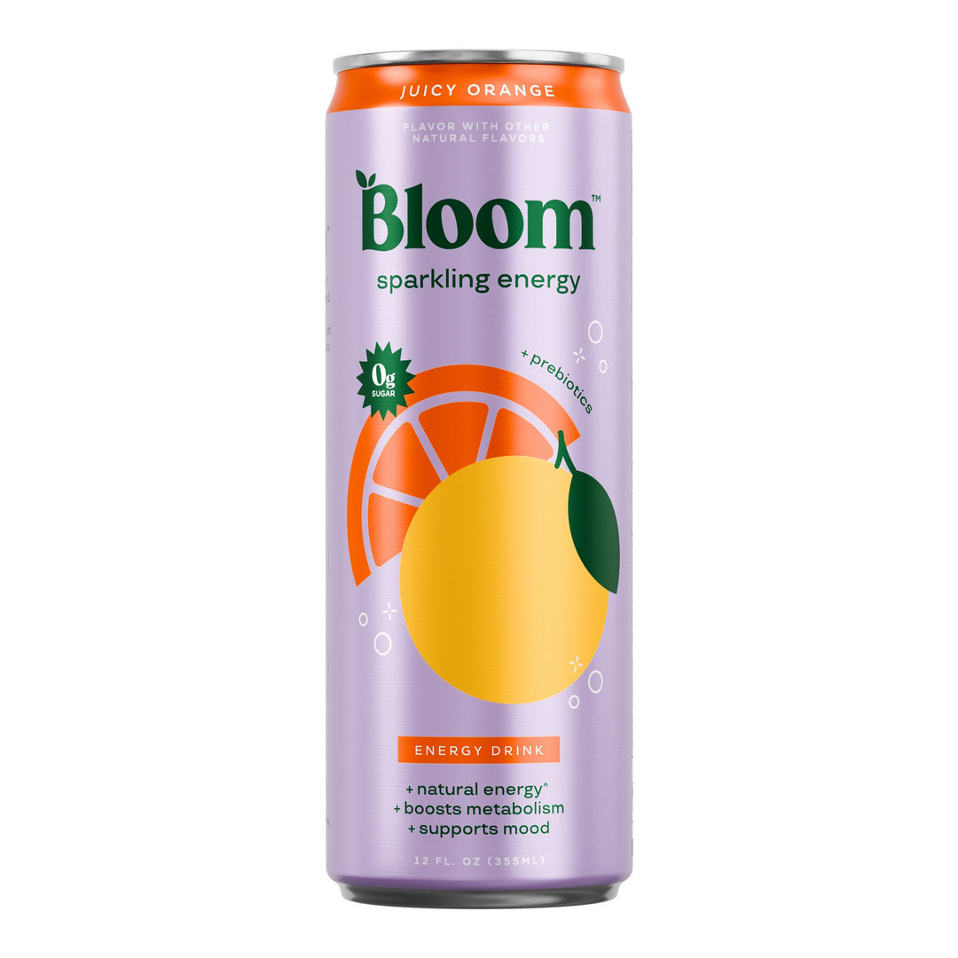 Bloom Energy Juicy Orange – single 12 fl oz can on white