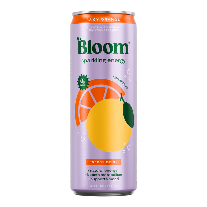 Bloom Energy Juicy Orange – single 12 fl oz can on white