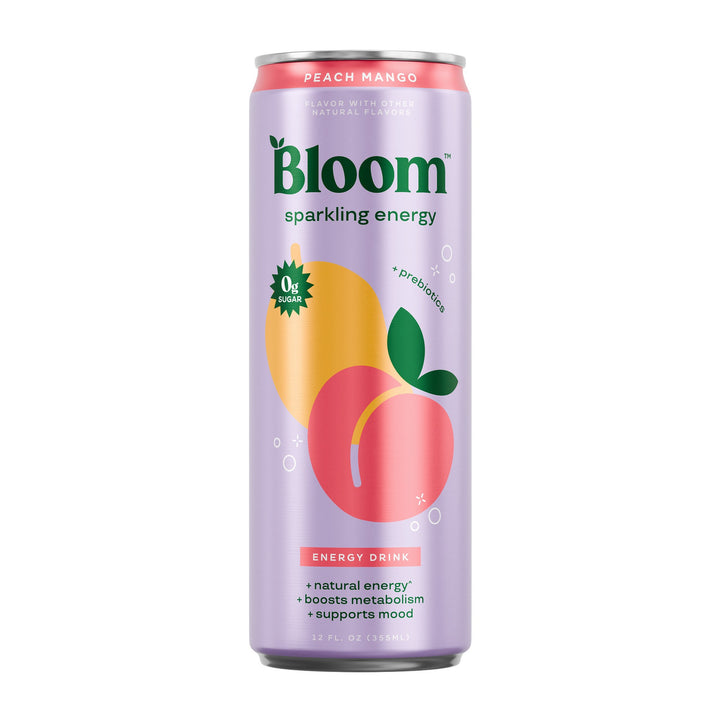 Bloom Energy Peach Mango – single 12 fl oz can on white