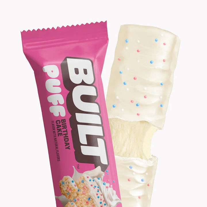 BUILT Birthday Cake Puff – wrapped and unwrapped protein snack