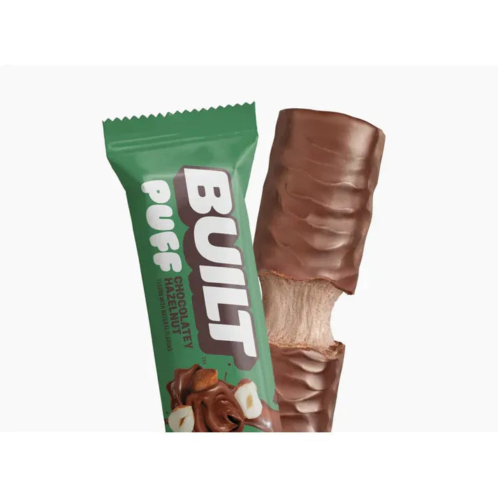 BUILT Chocolate Hazelnut – wrapped and unwrapped protein snack
