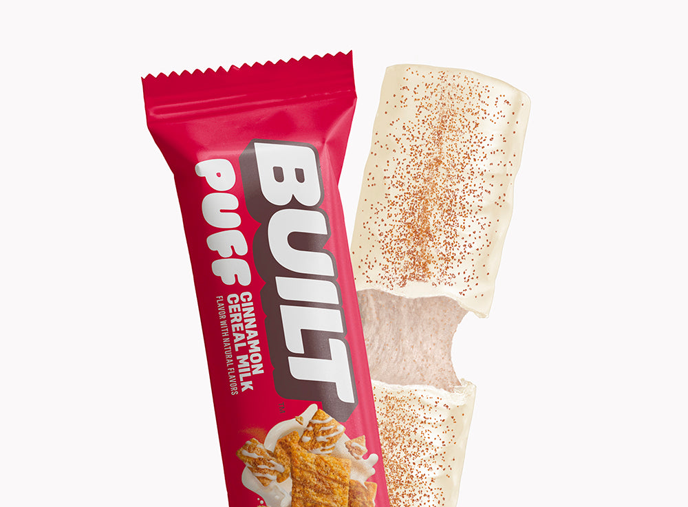 BUILT Cinnamon Cereal Milk – wrapped and unwrapped protein snack