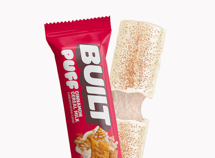 BUILT Cinnamon Cereal Milk – wrapped and unwrapped protein snack
