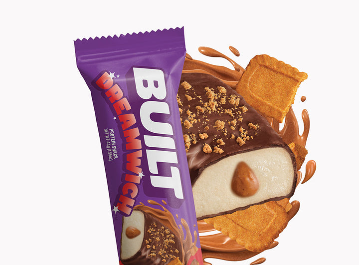 BUILT Cookie Butter Dreamwich – wrapped and unwrapped protein snack