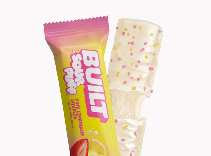 BUILT Sour Pink Lemonade – wrapped and unwrapped protein snack