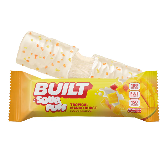 BUILT Tropical Mango Burst – wrapped and unwrapped protein snack