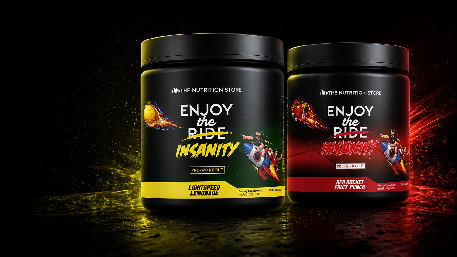 Two black tubs of muscle fuel supplements from The Nutrition Store, labeled 'Enjoy the Ride Insanity' and 'Enjoy the Ride INSANITY', displayed on a dark reflective surface with dramatic red and yellow lighting.