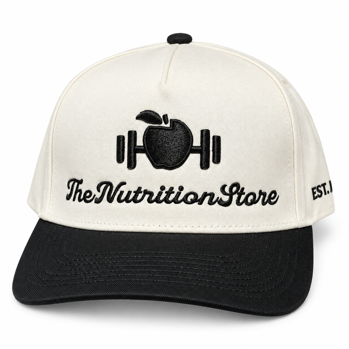 Legacy Hat in black with cream crown and embroidered The Nutrition Store logo