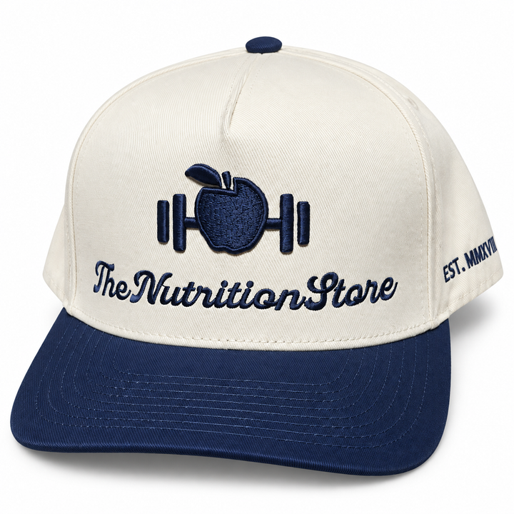 Legacy Hat in blue with cream crown and embroidered The Nutrition Store logo