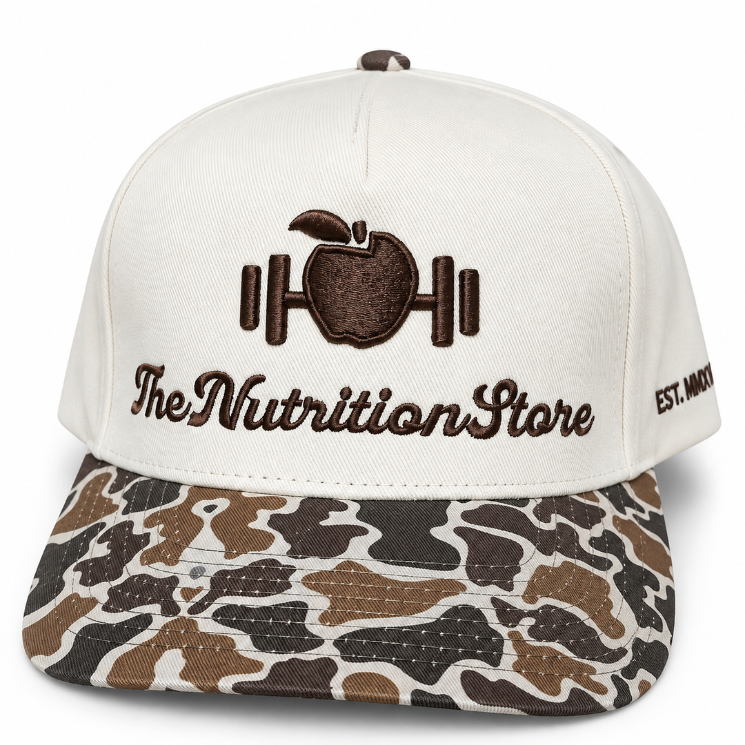 Legacy Hat in camo with cream crown and embroidered The Nutrition Store logo