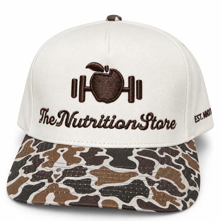 Legacy Hat in camo with cream crown and embroidered The Nutrition Store logo