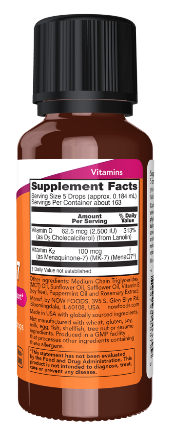 NOW Foods Liquid D3 &amp; MK-7 1 fl oz bottle right panel