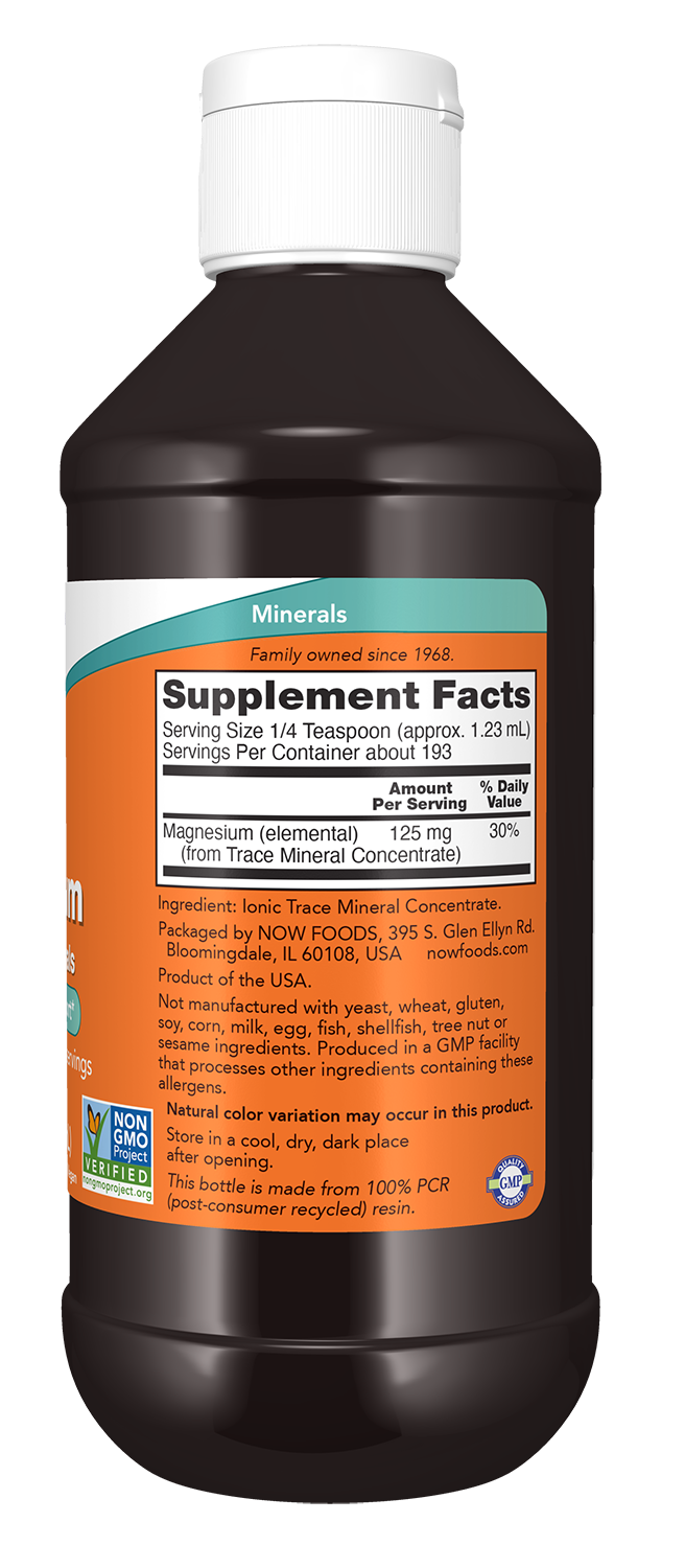 NOW Foods Liquid Magnesium supplement facts: 125 mg magnesium per serving