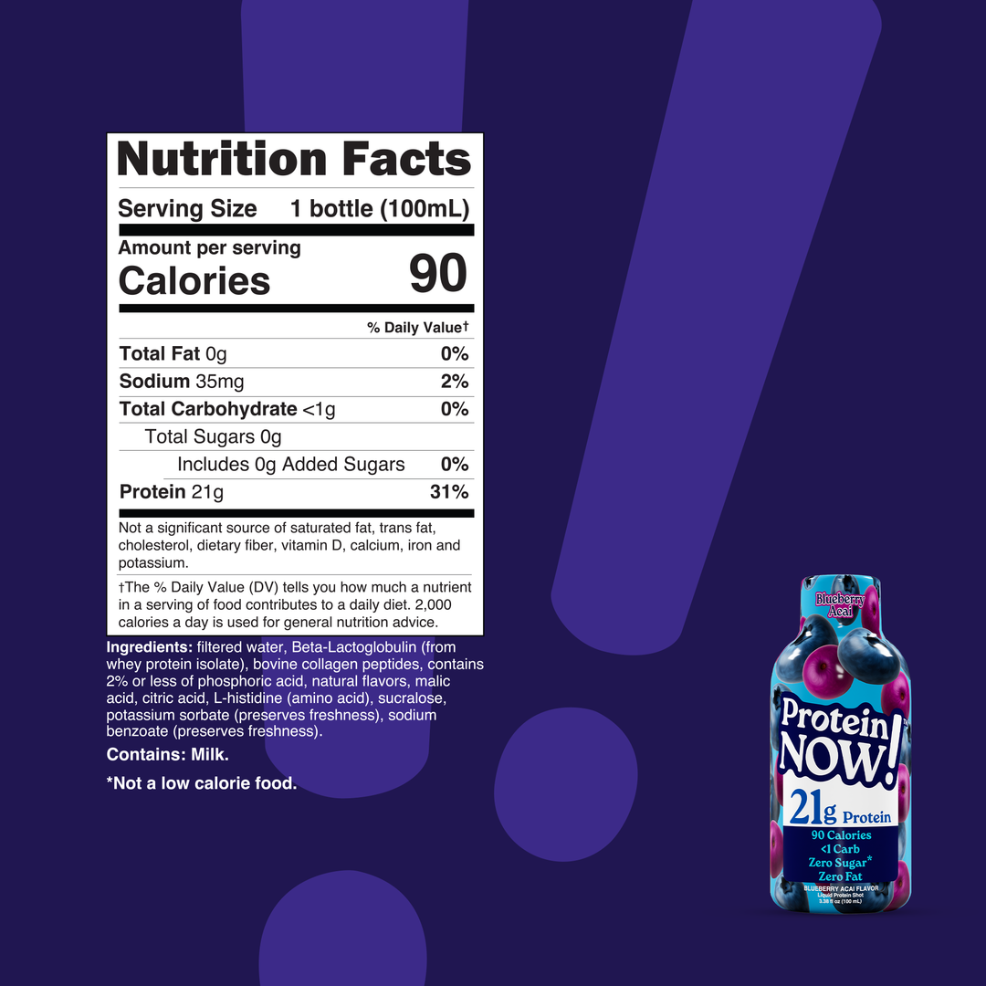Protein Now! Blueberry Açaí nutrition facts — one 100 mL bottle