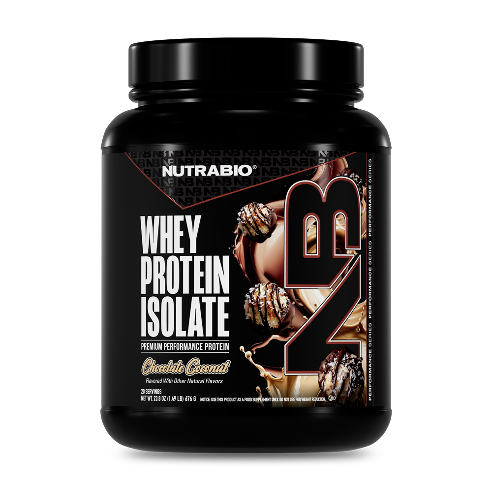 NutraBio Whey Protein Isolate Chocolate Coconut 20-serving tub