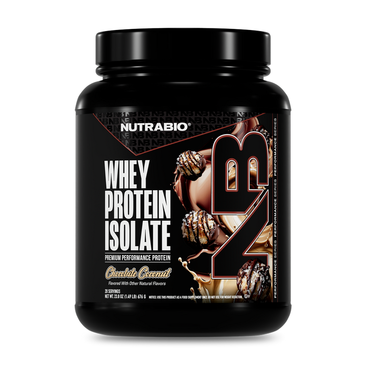 NutraBio Whey Protein Isolate Chocolate Coconut 20-serving tub