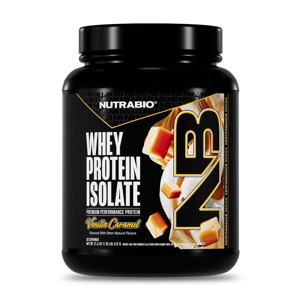 NutraBio Whey Protein Isolate Vanilla Caramel 20-serving tub
