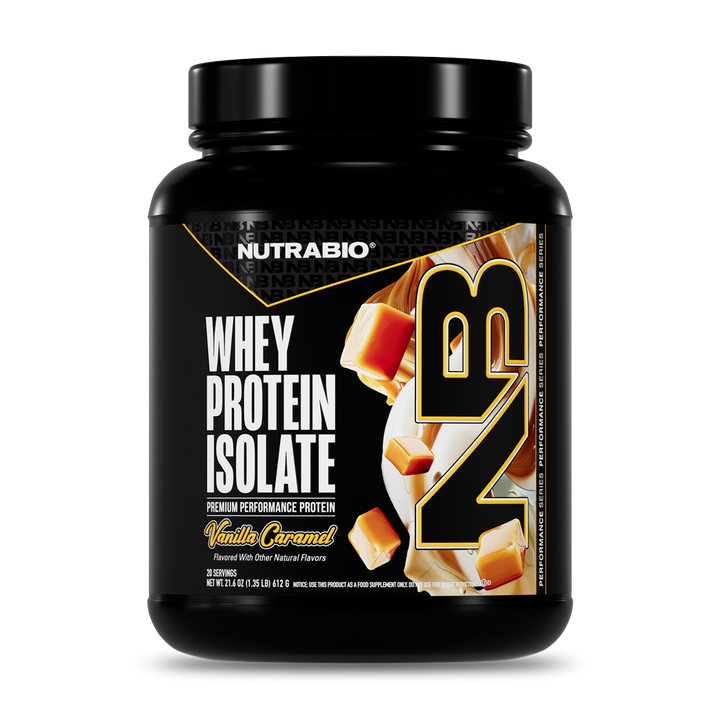 NutraBio Whey Protein Isolate Vanilla Caramel 20-serving tub