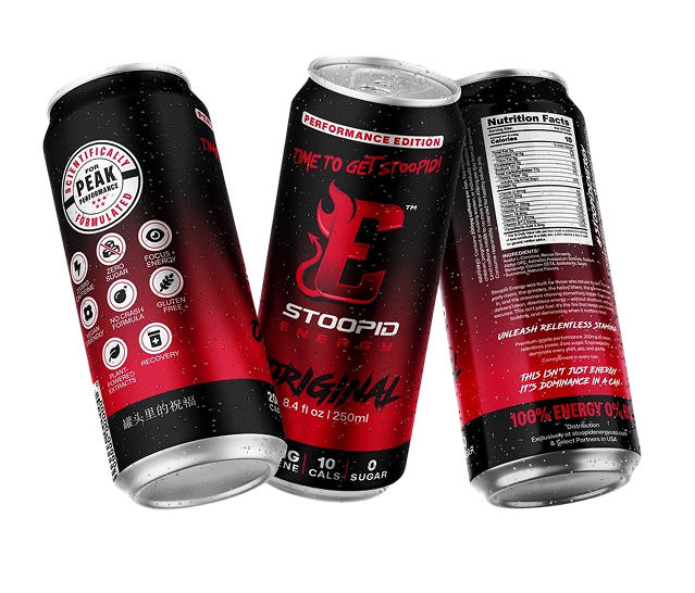 Stoopid Energy Original Citrus Performance Edition red can, front and back views