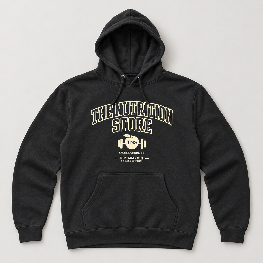 TNS 8 Year Anniversary Collegiate Hoodie - Black - studio mockup, front